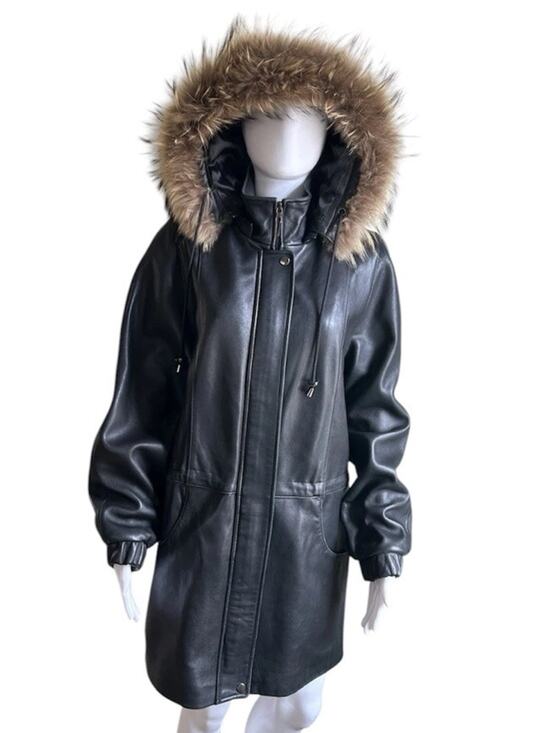 Worthington Jackets & Blazers - Vintage Worthington Lambskin Leather Parka Women M Raccoon Fur Hood Black Y2K